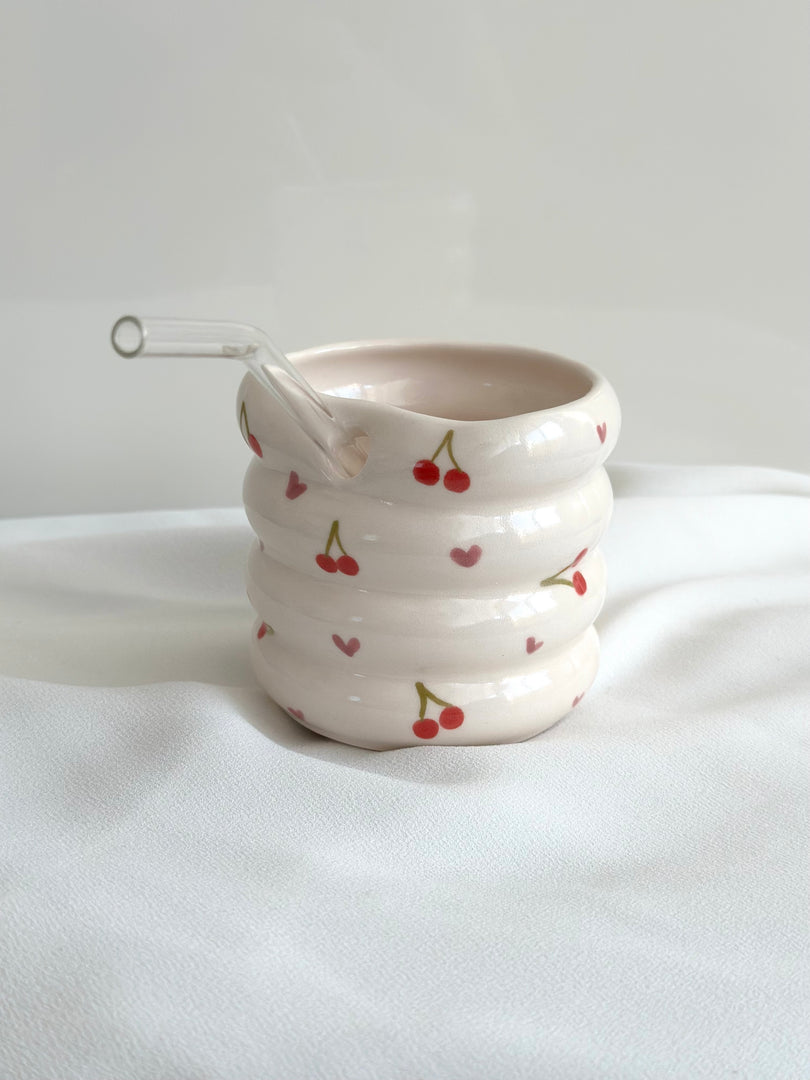 Keramik Becher mit Strohhalm Kirsche